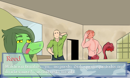 anthro bald bathtub big_breasts bottomwear breasts clothed clothing collared_shirt denim denim_bottomwear denim_clothing detailed_background dialogue dress_shirt eyelashes feathered_tail feathers female fingers freckled_breasts freckles gag gagged green_body green_hair green_scales group hair hand_behind_head hand_on_hip hand_on_own_hip inside jeans light-skinned_male light_body light_skin long_tail male muzzle_(object) muzzled nude orange_body orange_hair orange_scales pants scales shirt short_hair snout tail tape tape_gag tape_muzzle taped_mouth text tongue tongue_out topless topless_anthro topless_male topwear trio water wet x_eyes yellow_sclera mr_n_woods cavemanon_studios goodbye_volcano_high i_wani_hug_that_gator ko_op_(game_developer) snoot_game anon_(snoot_game) olivia_halford reed_(gvh) baryonyx dinosaur dromaeosaurid feathered_dinosaur feathered_scalie human mammal prehistoric_species reptile saurischian scalie spinosaurid theropod velociraptor 2023 absurd_res digital_drawing_(artwork) digital_media_(artwork) hi_res spanish_text translation_check translation_request
