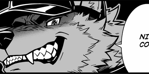 anthro black_background black_border black_clothing black_eyes black_hat black_headwear border canine_teeth clothing collar compliment fangs fur furgonomic_hat furgonomic_headwear furgonomics glistening glistening_eyes grey_body grey_fur grin hat headgear headwear inner_ear_fluff looking_at_viewer male onomatopoeia sharp_teeth simple_background smile smiling_at_viewer solo sound_effects speech_bubble teeth text tuft revelion romulus_(revelion) canid canine canis mammal wolf 2026 english_text greyscale hi_res japanese_text monochrome portrait