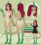 anthro black_clothing black_dress breasts claws clothing color_swatch dress emerald_(gem) eyebrows eyeliner female front_view gem green_body green_eyeliner green_scales green_tongue hair looking_at_viewer makeup multicolored_body multiple_angles rear_view red_eyebrows red_eyes red_hair scales small_breasts solo tail tan_body tan_scales toe_claws tongue underbelly kordarin mythology esmeralda_gemhorn dragon mythological_creature mythological_scalie scalie wingless_dragon absurd_res bust_portrait full-length_portrait hi_res model_sheet portrait