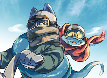 anthro clothed clothing duo eyewear feral fur goggles grey_body grey_fur male motorcycle outside scarf sweater topwear vehicle ksyjkydaka disney zootopia gary_de'snake pawbert_lynxley canada_lynx felid feline lynx mammal pit_viper reptile scalie snake viper absurd_res hi_res