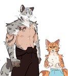 anthro biped black_eyes duo fur grey_body grey_fur male muscular muscular_anthro muscular_male orange_body orange_fur shaved_fur shirtless_anthro shirtless_male slim_anthro slim_male white_body white_fur yellow_sclera bunonthemoon domestic_cat felid feline felis mammal pantherine snow_leopard 2024