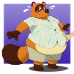 aloha_shirt anthro belly blush clothing disembodied_hand embarrassed male overweight overweight_male pattern_clothing pattern_shirt pattern_topwear pinch shirt topwear pokelai animal_crossing nintendo tom_nook_(animal_crossing) canid canine mammal raccoon_dog tanuki 1:1