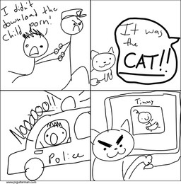 duo_focus feral group male misunderstanding stick_figure prguitarman domestic_cat felid feline felis human mammal black_and_white comic digital_drawing_(artwork) digital_media_(artwork) monochrome