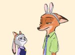 anthro clothed clothing duo ears_back ears_down eyes_mostly_closed fake_ears fake_fox_ears fake_rabbit_ears female fur grey_body grey_fur looking_at_another male narrowed_eyes necktie orange_body orange_fur pivoted_ears shirt simple_background smile tan_background topwear disney_kogaki disney zootopia judy_hopps nick_wilde canid canine fox lagomorph leporid mammal rabbit red_fox true_fox 2020 hi_res