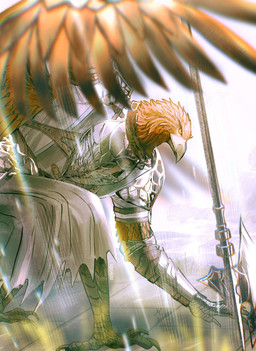 anthro armor beak brown_body brown_feathers feathered_wings feathers helberd male solo wings rashuu elden_ring elden_ring_nightreign fromsoftware guardian_(nightreign) avian 2025 colored hi_res signature