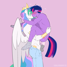 anal anal_penetration animal_genitalia animal_penis anthro balls blush bottomwear clothing crossgender crown cutie_mark denim denim_bottomwear denim_clothing duo equine_genitalia equine_penis erection eyes_closed footwear footwear_only ftm_crossgender genitals hair headgear horn jeans kissing male male/male medial_ring mostly_nude multicolored_hair nipples pants penetration penile penile_penetration penis penis_in_ass pink_background purple_body purple_hair sex simple_background socks socks_only wings shallowwin friendship_is_magic hasbro my_little_pony mythology princess_celestia_(mlp) twilight_sparkle_(mlp) equid equine mammal mythological_creature mythological_equine unicorn winged_unicorn hi_res