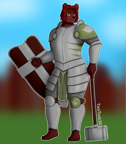 anthro armor brown_body brown_fur chainmail claws female fur hair hammer looking_at_viewer plate_armor red_hair shield solo standing toe_claws tools yellow_eyes twotusk bear mammal hi_res