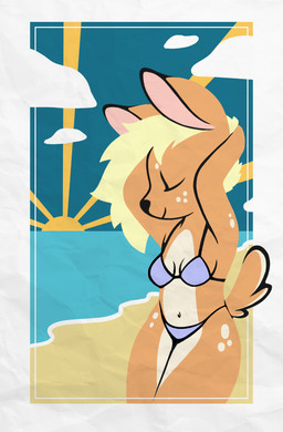 anthro beach bikini blonde_hair clothing cloud eyes_closed female freckled_face freckled_hips freckled_shoulders freckles hair navel smile spot_freckles spots spotted_face spotted_hips spotted_shoulders sun sunset swimwear textured textured_paper two-piece_swimsuit caffeinerabbit daphne_(caffeinerabbit) deer mammal hi_res