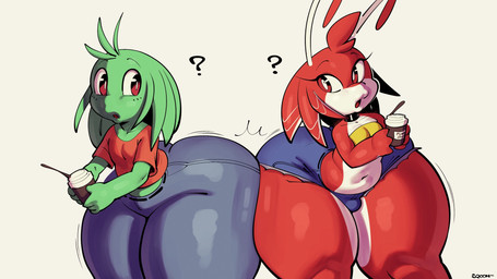 4_fingers alternate_species antennae_(anatomy) anthro ass_to_ass belly beverage big_butt blue_bottomwear blue_clothing blue_pants bottom_heavy bottomwear bulge butt clothed clothing coffee coffee_cup confusion container cup curvy_figure denim denim_bottomwear denim_clothing denim_shorts duo eyeshadow femboy fingers fully_clothed green_body green_pseudo_hair green_skin grey_bottomwear grey_clothing grey_pants gynomorph head_tuft hotpants huge_butt huge_thighs hyper hyper_butt hyper_thighs intersex intersex/male looking_at_another makeup male multicolored_body multicolored_skin navel neckwear not_furry open_mouth pants pseudo_hair pupils question_mark red_body red_clothing red_eyes red_pseudo_hair red_shirt red_skin red_topwear shirt shorts shortstack shortstack_male simple_background slightly_chubby text thick_thighs topwear tube_top tuft two_tone_body two_tone_skin white_background white_body white_pupils white_sclera white_skin wide_hips yellow_tube_top sqoon ferlo_(puwa) jay_(sqoon) alien humanoid puwa 16:9 2025 artist_name colored dated digital_drawing_(artwork) digital_media_(artwork) english_text hi_res shaded signature widescreen busty_boy_(lore) intersex_(lore) male_(lore)
