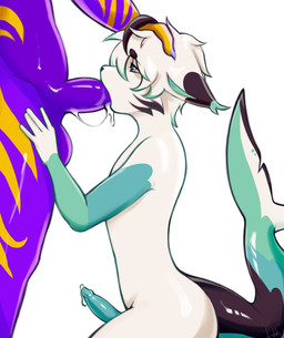 anthro balls blowjob_face bodily_fluids cum cum_in_mouth cum_inside cyanic duo erection genital_fluids genitals male oral oral_penetration penetration penis mrfishh69 aquatic cat_shark domestic_cat felid feline felis fish mammal shark absurd_res hi_res