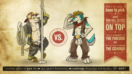 animal_genitalia anthro balls belt chaps clothing competition duo fire_hose firefighter fully_sheathed genitals hat headgear headwear hose jockstrap kerchief looking_at_viewer male pole sheath tail text topwear turnout_gear underwear undressing vest white_clothing white_underwear keto canid canine canis domestic_dog mammal 16:9 english_text widescreen