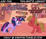 bad_joke cutie_mark duo female feral fur hair horn humor joke multicolored_hair pun purple_body purple_fur purple_hair text two_tone_hair nightmaremoons ask_pun friendship_is_magic hasbro my_little_pony mythology tumblr fan_character pun_pony twilight_sparkle_(mlp) earth_pony equid equine horse mammal mythological_creature mythological_equine pony unicorn comic english_text url