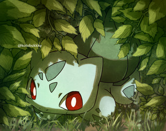 ambiguous_gender grass leaf plant pupils red_eyes shadow solo text white_pupils kotobukkii_(yt_lvlv) nintendo pokemon bulbasaur generation_1_pokemon pokemon_(species) artist_name green_theme watermark