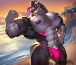 2_horns abs anthro arm_tattoo barazoku beach biceps big_nipples big_pecs black_body black_hair black_scales bulge clothed clothing countershade_torso countershading detailed_background evening flexing flexing_bicep genitals gloves_(marking) grey_body grey_countershading grey_scales hair horn huge_pecs humanoid_genitalia humanoid_penis looking_at_viewer male markings muscular muscular_anthro muscular_male nipples pecs penis penis_poking_out pink_clothing pink_eyes pink_speedo pink_swimwear sand scales sea smile solo speedo speedo_only swimwear tail tattoo teeth topless water wave wrist_tattoo alvedo_vhiich mythology dragon mythological_creature mythological_scalie scalie digital_media_(artwork)