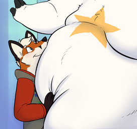 anthro belly belly_squeeze belly_squish bottomless clothed clothing duo fat_belly hoodie hoodie_only male male/male morbidly_obese morbidly_obese_anthro morbidly_obese_male n64_logo obese obese_anthro obese_male overweight overweight_anthro overweight_male pinned pinned_by_belly pinned_to_wall squish topwear topwear_only kanancollie nintendo nintendo_64 arctic_fox canid canine fox mammal red_fox true_fox hi_res