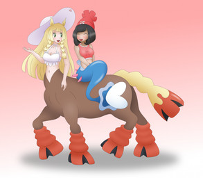 alternate_species black_hair blonde_hair blue_body bottomless bra clothed clothing duo eyes_closed female furrification gradient_background green_body hair hat headgear headwear mermaidification midriff open_mouth open_smile pokefication red_clothing red_hat red_headwear red_shirt red_topwear riding shirt simple_background smile split_form taurification taurified topwear underwear white_bra white_clothing white_hat white_headwear white_underwear joyvell european_mythology greek_mythology mythology nintendo pokemon lillie_(pokemon) selene_(pokemon) aquatic centaur equid equid_taur generation_7_pokemon humanoid humanoid_taur mammal mammal_taur merfolk mudsdale pokemon_(species) pokemon_taur primarina taur 2025 hi_res