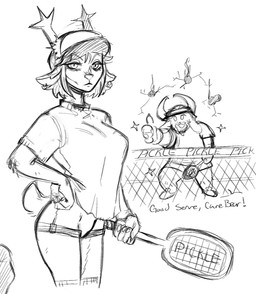 2_horns 4_fingers alternate_costume anthro antlers arm_hair ball baseball_cap bent_arm bent_leg big_breasts big_horn biped black_text body_hair bottomless bottomless_anthro bottomless_female bottomwear breasts claws clothed clothed_anthro clothed_male clothing compliment curved_eyebrows curved_horn dialogue duo ear_piercing ear_ring empty_eyes extended_arm eyebrow_through_hair eyebrows featureless_crotch female female_focus finger_claws fingers floppy_ears footwear fully_clothed fully_clothed_anthro fully_clothed_male gesture hair hairy_legs hand_gesture hand_on_hip hand_on_own_hip hat headgear headwear holding_object holding_tennis_racket horn humanoid_hands iris legband looking_at_another looking_at_viewer lop_ears male mature_anthro mature_female mature_male mouth_closed open_mouth open_smile piercing pupils ring_piercing shirt shoes short_hair shorts smile smiling_at_another snout sport standing t-shirt talking_to_another tennis tennis_ball tennis_racket term_of_endearment text thighband three-quarter_view thumbs_up topwear translucent translucent_hair wide_hipped_anthro wide_hipped_female wide_hips 4chan_anon unknown_artist deltarune undertale_(series) asgore_dreemurr carol_holiday boss_monster_(undertale) bovid caprine deer goat mammal new_world_deer reindeer 2025 black_and_white digital_drawing_(artwork) digital_media_(artwork) english_text monochrome