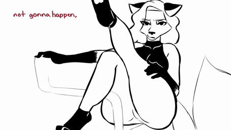 4_toes anthro big_breasts big_butt bite biting_lip biting_own_lip blush breasts butt crossed_arms crossed_legs dialogue digitigrade dipstick_arms feet female looking_at_viewer pawpads self_bite sleeveless_shirt solo talking_to_viewer text toes tsundere emmpyfour karen_(emmpyfour) canid canine fox mammal 16:9 2024 2d_animation animated black_and_white english_text hi_res monochrome no_sound short_playtime spot_color video widescreen