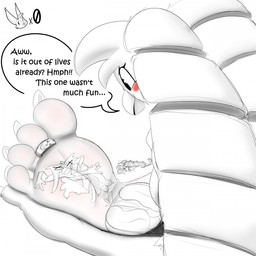 4_toes anthro claws dialogue digit_ring duo feet flattened flattening_fetish foot_fetish foot_focus foot_play inanimate_transformation jewelry ring soles speech_bubble stomping stuck_to_foot text toe_claws toe_ring toes transformation jigglyjuggle avian 1:1 english_text hi_res