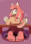 5_toes anthro beverage bodily_fluids bottomwear butt clothing container cup feet female foot_focus fur furniture holding_container holding_cup holding_mug holding_object humanoid_feet kneeling long_skirt looking_at_viewer looking_back mature_anthro mug musk musk_clouds musky_feet pillow pink_body pink_fur plantigrade rear_view skirt soles solo sweat sweater sweaty_feet table tea teapot toes topwear ricowolfdog sega sonic_the_hedgehog_(series) the_murder_of_sonic_the_hedgehog conductor's_wife_(sonic) akita canid canine canis domestic_dog mammal spitz 2025 hi_res