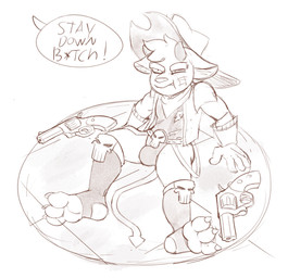 anthro bulge clothing cowboy_hat defeated eyebrows gun handgun hat headgear headwear horn leotard male pistol ranged_weapon shortstack shortstack_male sitting solo spade_tail tail text thick_eyebrows torn_clothing weapon introvertedpooch kings_of_hell gremile_'hotshot' imp english_text hi_res