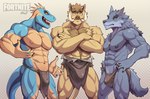 abs anthro barazoku bottomwear brown_eyes bulge clothed clothing group loincloth loincloth_only male muscular muscular_male nipples pecs simple_background tail topless trio yellow_sclera mumu202 epic_games fortnite canid canine canis dinosaur dromaeosaurid mammal prehistoric_species reptile scalie suid suina sus_(pig) theropod wild_boar wolf