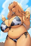 animal_print animal_print_bikini anthro bell bell_collar big_breasts bikini breasts clothed clothing cloud collar cow_print cow_print_bikini cowbell curvy_figure dessert female female_anthro food front-tie_bikini full_cleavage fur hair huge_breasts ice_cream kemono looking_at_viewer outside overweight overweight_anthro overweight_female pattern_bikini pattern_clothing pattern_swimwear side-tie_bikini side_boob skimpy skimpy_bikini slightly_chubby slightly_chubby_female solo string_bikini swimwear two-piece_swimsuit under_boob voluptuous yellow_body yellow_eyes yellow_fur kishibe golden_(kishibe) bird_dog canid canine canis domestic_dog golden_retriever hunting_dog mammal retriever hi_res