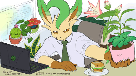 accessory anthro bite_taken building burger cactus chair clothed clothing collared_shirt computer desk dress_shirt electronics food fully_clothed fur furniture gracidea_flower inside laptop leaf leaf_hair long_ears male necktie offering_to_viewer office office_chair on_chair patreon_username plant plant_hair plant_pot potted_plant pseudo_hair rolled_up_sleeves shirt sitting sitting_on_chair smiley_face solo table tan_body tan_fur text topwear window dahecksajerry nintendo pokemon eeveelution elemental_creature flora_fauna generation_1_pokemon generation_4_pokemon leafeon pokemon_(species) vileplume commissioner_name english_text