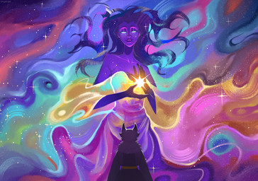 anthro blue_eyes breasts clothed clothing collarbone cosmic_background detailed_background dress duo eyelashes eyeshadow female flat_chested flowing_hair freckled_chest freckled_ears freckled_face freckles fur glowing glowing_eyes gradient_hair hair long_eyelashes long_hair looking_at_another makeup purple_body robe smile smiling_at_another star starry_background strapless_clothing strapless_dress white_body littleclown ezra_(anunusedaccount) celestial_being cosmic_being deity furred_kobold furred_scalie humanoid kobold scalie hi_res