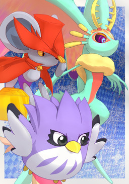 abstract_background ambiguous_gender anthro antlers beak biped black_eyes blue_background border chest_tuft claws colored_nails countershade_torso countershading digitigrade dipstick_tail feathers feet feral fingernails floating_feet floating_hands fluffy fluffy_tail flying fur grey_body grey_fur group head_wings horn huge_wings male markings mouthless multicolored_body multicolored_eyes multicolored_fur nails neck_tuft orange_body orange_eyes orange_fur pink_eyes pupils purple_body purple_feathers purple_fingernails purple_nails purple_sclera simple_background size_difference slit_pupils tail tail_markings talons tan_body tan_fur teal_body teal_eyes teal_fur three-quarter_view toes trio tuft unusual_wing_placement wearing_hat white_body white_border white_feathers wings yellow_beak yellow_claws yellow_sclera ebino_senaka kirby's_dream_land_2 kirby_(series) kirby_and_the_forgotten_land kirby_squeak_squad nintendo coo_(kirby) daroach fecto_elfilis alien avian bird chinchilla chinchillid mammal murid murine rat rodent starling_(kirby) 2022 digital_drawing_(artwork) digital_media_(artwork) english_description hi_res male_(lore)