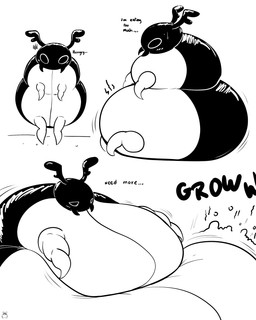 antennae_(anatomy) anthro belly big_belly blush bodily_fluids featureless_feet featureless_hands feet female half-closed_eyes huge_belly mandibles morbidly_obese morbidly_obese_anthro morbidly_obese_female motion_lines narrowed_eyes obese obese_anthro obese_female overweight overweight_anthro overweight_female rumbling_stomach solo sweat sweatdrop text weight_gain cocoalop12 hollow_knight_(franchise) team_cherry bretta_(hollow_knight) arthropod beetle insect 4:5 absurd_res black_and_white english_text hi_res monochrome
