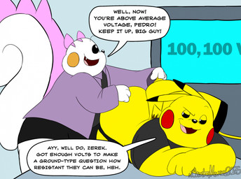 anthro big_butt black_bottomwear black_clothing black_ear_tips black_pants black_sclera black_tail_tip bottomwear bottomwear_down butt check_up clothed clothing coat curled_tail dialogue dipstick_ears dipstick_tail doctor duo ear_markings electrical_plug electricity eyebrows fangs front_view furniture grey_clothing grey_shirt grey_topwear hotpants inspection lab_coat lying machine male markings medical multicolored_ears narrowed_eyes on_front open_mouth pants pants_down partially_clothed pink_ears pink_markings pink_tail_tuft purple_clothing purple_coat purple_topwear raised_eyebrows red_cheeks shirt shorts simple_background speech_bubble table tail tail_markings tail_tuft teeth text topwear tuft white_body white_eyes white_tail wire yellow_body yellow_cheeks chonkymouse nintendo pokemon pedro_(blastoiseanimator) zerek_(chonkymouse) generation_1_pokemon generation_4_pokemon pachirisu pikachu pokemon_(species) 2025 colored dated digital_media_(artwork) english_text hi_res signature watermark