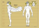 2013 absurd_res anthro bovid caprine digital_media_(artwork) english_text flat_colors flyingram hair hi_res horn male mammal model_sheet red_eyes side_view smile solo standing text wings