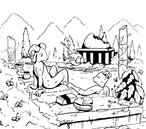 ambiguous_gender anthro bag barely_visible_genitalia barely_visible_penis casual_nudity column duo eye_contact flower genitals jewelry lake lily_pad looking_at_another machine male moss mountain nude penis plant pottery river ruins skinny_dipping tree vines water phano arthropod bovid butterfly caprine domestic_cat felid feline felis goat insect lepidopteran mammal robot hi_res monochrome