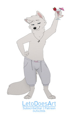 anthro biped claws clothed clothed_anthro clothed_male clothing feet fingers front_view fur hair holding_object looking_at_viewer male partially_clothed partially_clothed_anthro partially_clothed_male simple_background smile solo standing tail toes topless topless_anthro topless_male letodoesart leto_(letodoesart) canid canine fox mammal 2026 digital_drawing_(artwork) digital_media_(artwork) hi_res