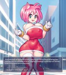 accessory alternate_species big_breasts breast_squish breasts city city_background cleavage cleavage_overflow clothed clothing dress female gloves hair handwear headband huge_breasts humanoidized legwear looking_at_viewer nipple_outline nipples open_mouth outside pink_hair red_clothing red_dress red_headband red_legwear red_thigh_highs ring solo squish standing teal_eyes text thigh_highs tight_clothing tight_dress white_clothing white_gloves white_handwear supersatanson sega sonic_the_hedgehog_(series) amy_rose animal_humanoid eulipotyphlan eulipotyphlan_humanoid hedgehog_humanoid humanoid mammal mammal_humanoid 2022 english_text