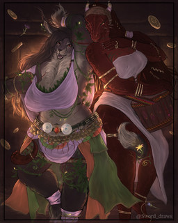 anthro bard belt clothed clothing coin dancing drum duo female female/female flower jewelry musical_instrument neck_tuft partially_clothed percussion_instrument pink_clothing plant red_body red_scales scales silk tuft voluptuous_female sword_draws microsoft the_elder_scrolls komalla_(sword_draws) argonian felid khajiit mammal scalie 4:5 hi_res
