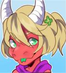 blep clover_(plant) green_eyes hair long_hair looking_at_viewer outline plant ponytail simple_background solo tongue tongue_out re11 mythology clove_vaughn dragon mythological_creature mythological_scalie scalie bust_portrait digital_media_(artwork) portrait