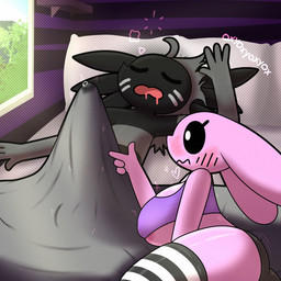 4_fingers ahoge anthro areola areola_slip bed bedding big_breasts biped black_body black_sclera blanket blush blush_lines bodily_fluids breasts clothed clothing duo erection eyelashes eyes_closed female fingers front_view furniture genital_fluids grey_hair hair heart_symbol inside legwear lying male markings monotone_body morning_wood on_back on_bed on_side open_mouth pillow pink_body precum sleeping striped_markings stripes text topwear under_boob white_eyes window oxyoxyoxyox licorice_(oxyoxyoxyox) marshmallow_(oxyoxyoxyox) amphibian aquatic axolotl lagomorph leporid mammal mole_salamander rabbit salamander 1:1 2023 artist_name digital_drawing_(artwork) digital_media_(artwork) hi_res