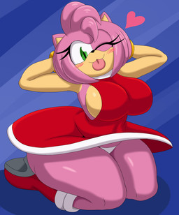 anthro big_breasts biped blep breasts clothed clothing dress eyelashes female hair kneeling looking_at_viewer panties pink_body pink_hair pupils red_clothing side_boob smile solo thick_thighs tongue tongue_out underwear wide_hips mechspazer sega sonic_the_hedgehog_(series) amy_rose eulipotyphlan hedgehog mammal absurd_res hi_res