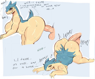 anal anal_penetration anthro big_breasts big_butt blush bodily_fluids breasts butt dialogue female human_on_anthro interspecies male male/female moan on_ground penetration penile penile_penetration penis_in_ass sweat sweaty_butt text dumbslasher nintendo pokemon generation_2_pokemon human mammal pokemon_(species) typhlosion english_text