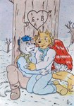 anthro blue_eyes blue_hair blush blush_lines branch bulge clothed clothing detailed_background duo facial_hair fire flaming_fur flaming_tail fluffy fluffy_tail footwear fur goatee grey_body grey_fur hair heart_(marking) heart_symbol holidays hug initials male markings muscular plant romantic romantic_ambiance scarf shoes smile snow snowing tail tree tree_carving wings winter winter_clothing dashthefox valentine's_day canid canine canis domestic_dog firewolf husky mammal nordic_sled_dog spitz wolf boyfriends 2023 absurd_res hi_res signature traditional_media_(artwork)