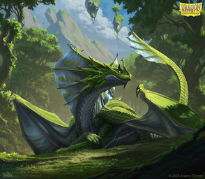 ambiguous_gender claws cloud day detailed_background feral floating_rocks forest grass green_body green_scales looking_aside membrane_(anatomy) membranous_wings mountain outside plant scales sitting solo tail tree wings brian_valeza dragon_shield mythology dragon mythological_creature mythological_scalie scalie 2025 digital_media_(artwork) hi_res official_art