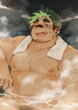 bathing belly blush facial_hair green_hair hair hot_spring humanoid_pointy_ears male musclegut muscular nipples one_eye_closed pecs pointy_ears solo water wink kuronezumiinu lifewonders live_a_hero grigory_(live_a_hero) elf humanoid hi_res