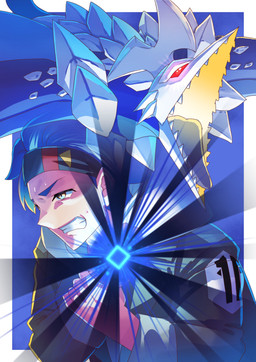 accessory angry blue_hair clenched_teeth duo feral glowing hair headband male red_eyes sharp_teeth teeth wings yellow_eyes hase_popopo bandai_namco digimon digimon_beatbreak raito_souda azhdarmon digimon_(species) human mammal scalie absurd_res hi_res