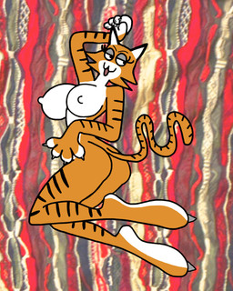 :3 anthro big_breasts breasts cartoonish claws female floating pattern_background pose simple_background smile solo stripes tongue alicesqueaks felid feline mammal pantherine tiger 4:5
