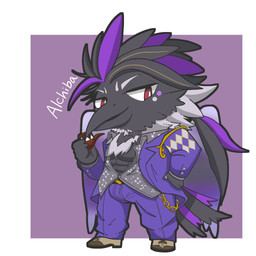 anthro beak black_beak black_body black_feathers chibi feather_beard feathers hair male muscular muscular_anthro muscular_male pecs pipe ponytail purple_hair red_eyes solo nosusosso lifewonders live_a_hero alchiba avian bird corvid corvus_(genus) crow oscine passerine 1:1 hi_res