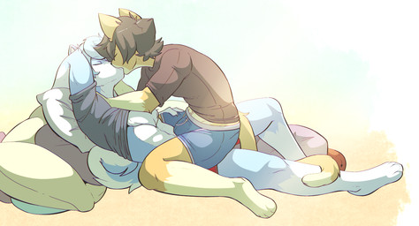 anthro blue_body blue_fur bulge chest_tuft clothed clothing duo eyes_closed fur hair hand_on_neck hands_behind_head kissing lying male male/male on_back pillow raised_arm shirt_up straddling tuft munkeesgomu brush_(benju) munks_(munkeesgomu) canid canine canis domestic_cat domestic_dog felid feline felis mammal