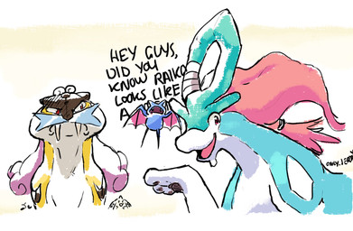 ambiguous_gender black_pawpads cross-popping_vein feral hair looking_at_viewer mane mane_hair pawpads pink_mane pink_tongue red_eyes teeth text tongue white_body yellow_body dahecksajerry nintendo pokemon gen_(dahecksajerry) generation_1_pokemon generation_2_pokemon legendary_pokemon pokemon_(species) raikou suicune zubat english_text