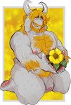 anthro areola arm_hair balls beard belly biceps big_balls big_muscles big_penis body_hair border chest_hair claws eyebrows facial_hair flaccid flower foreskin fur genitals glans grey_border hair holding_flower holding_object horn humanoid_genitalia humanoid_penis kneeling male musclegut muscular muscular_anthro muscular_male nipples nude pecs penis plant pubes simple_background smile solo thick_arms thick_thighs tuft unretracted_foreskin vein white_border yellow_background likanen undertale_(series) asgore_dreemurr boss_monster_(undertale) bovid caprine goat mammal 2025 absurd_res hi_res